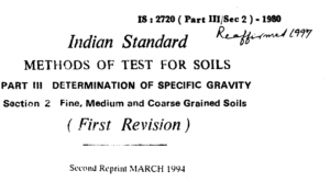IS-2729 PART-3 SEC10-1980-INDIAN STANDARD METHODS OF TEST FOR SOILS PART-3 DETERMINATION OF SPECIFIC GRAVITY SECTION 1 FINE GRAINS SOILS FIRST REVISION