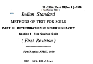 IS-2729 PART-3 SEC10-1980-INDIAN STANDARD METHODS OF TEST FOR SOILS PART-3 DETERMINATION OF SPECIFIC GRAVITY SECTION 1 FINE GRAINS SOILS FIRST REVISION (2)